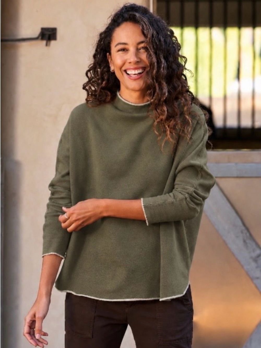 Frank & Eileen Funnel Neck Capelet In Moss Green Melange, Raw Edge Hems, Sz. S